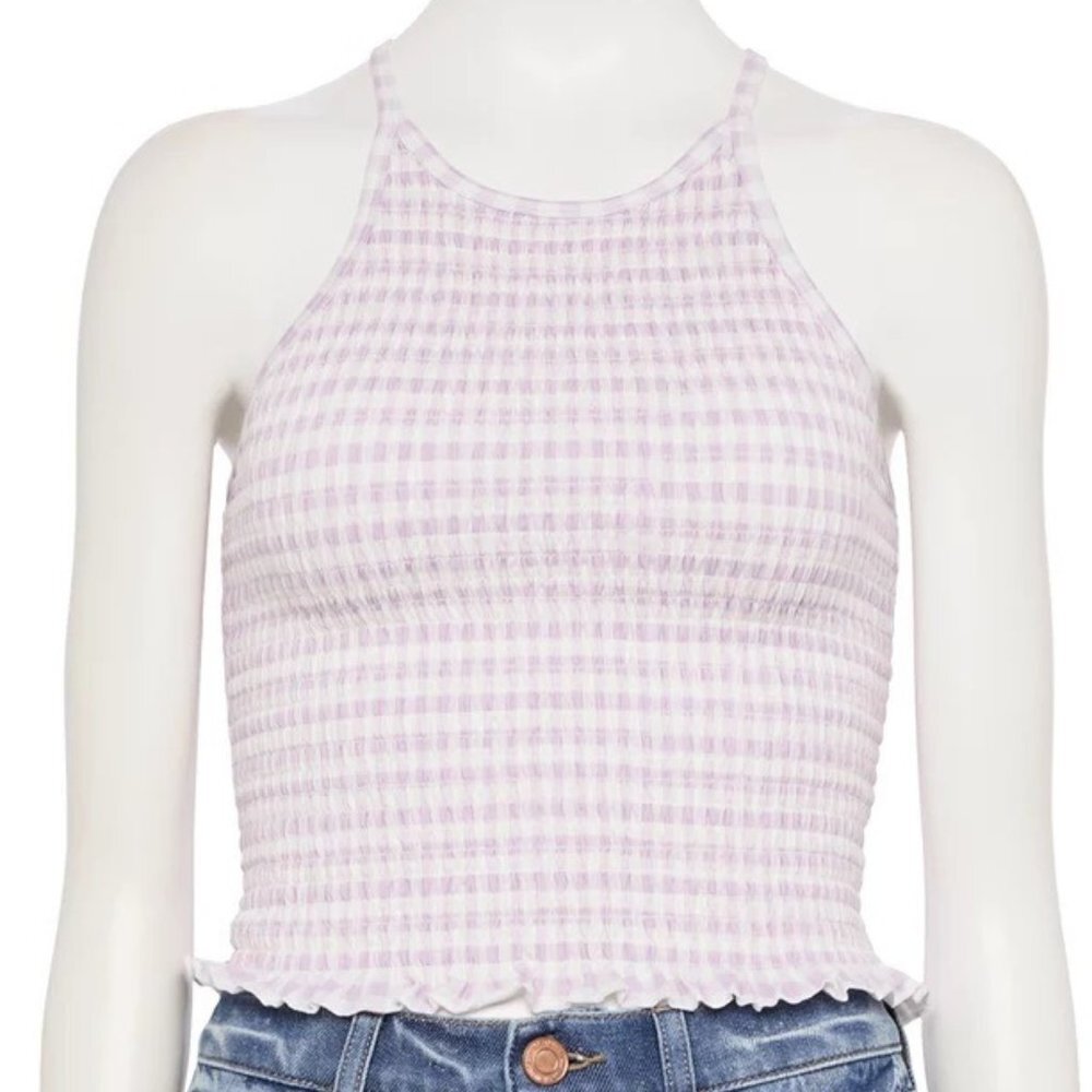 SO Purple Gingham High Neck Tank Top Juniors Large NWT
